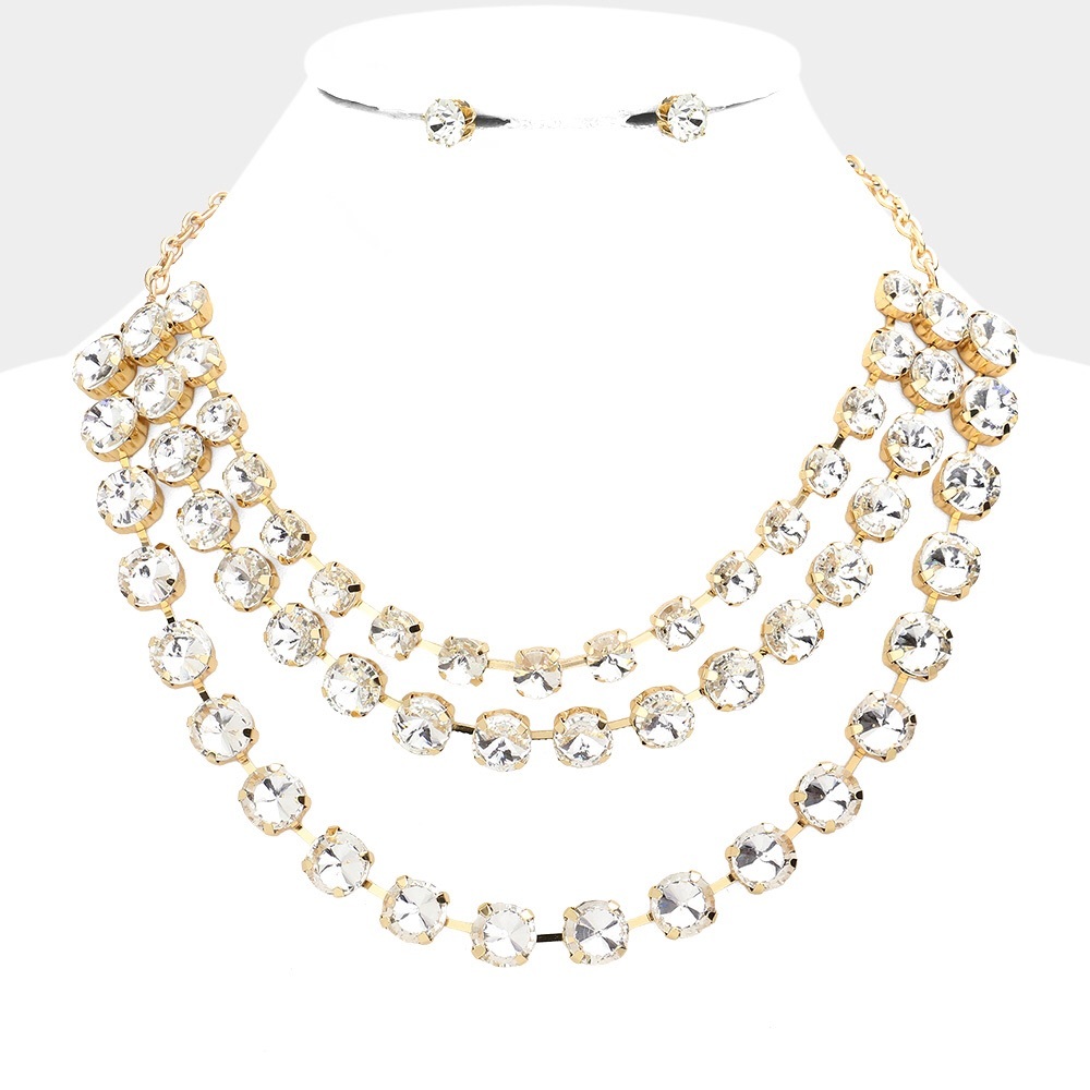 Round Stone Triple Layered Bib Statement Necklace